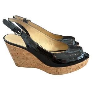 Stuart Weitzman Jean Black Cork Wedge Peep Toe Slingback Sandals Womens Size 9